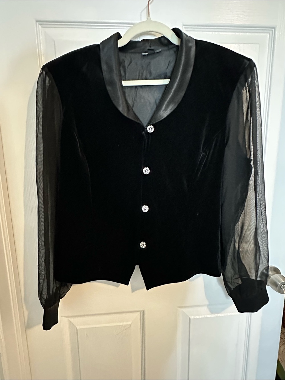 Vintage Black Velvet Blouse, Sheer Sleeve Satin Shawl Collar Crystal Buttons XL